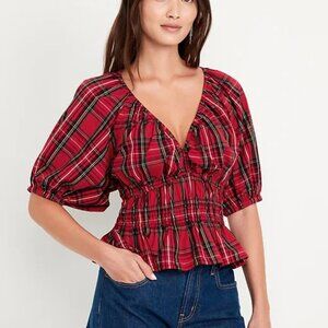 Old Navy Red Tartan Puff-Sleeve Top in Size XL